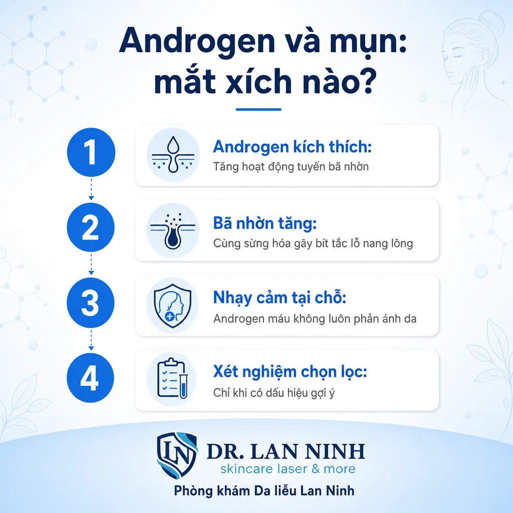 Androgen kích thích tuyến bã nhờn trong sinh bệnh học mụn trứng cá đa yếu tố