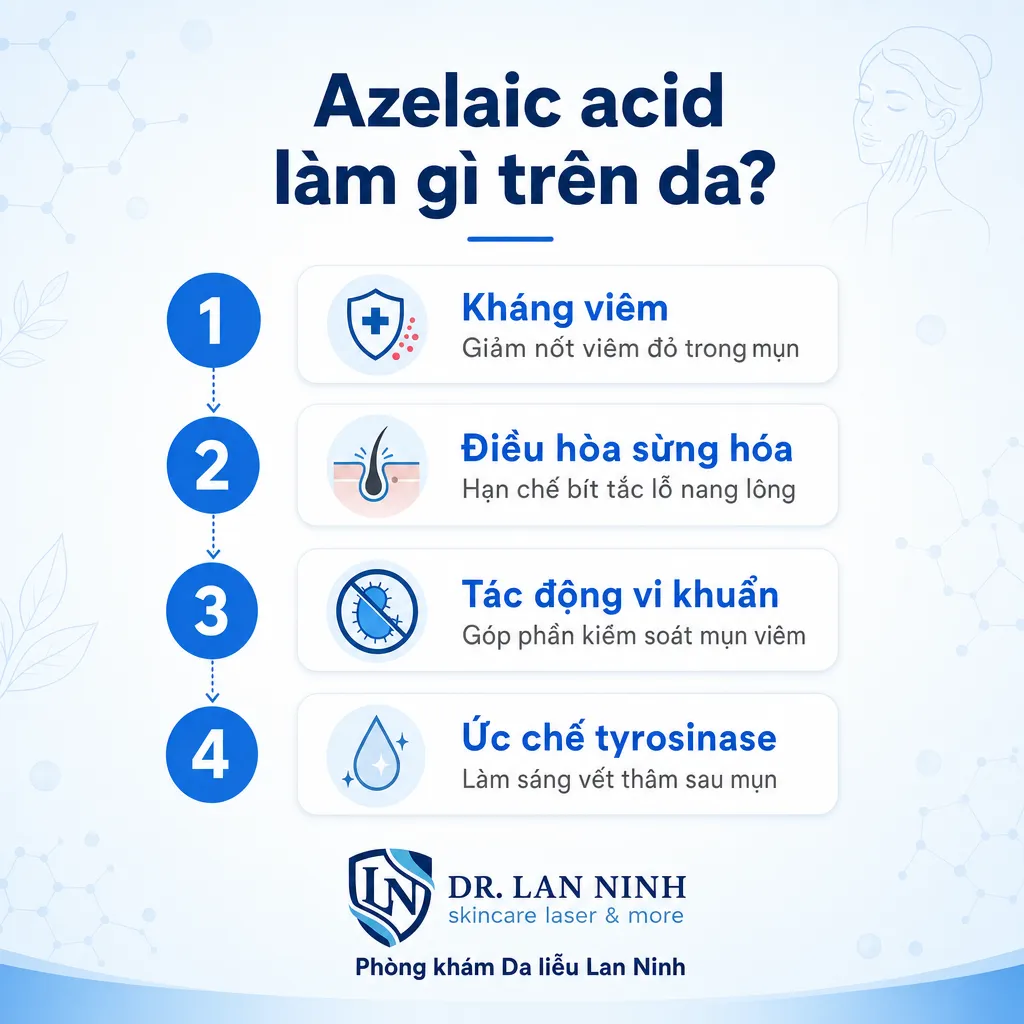 Đa cơ chế của azelaic acid trong trị mụn và làm sáng vết tăng sắc tố sau viêm