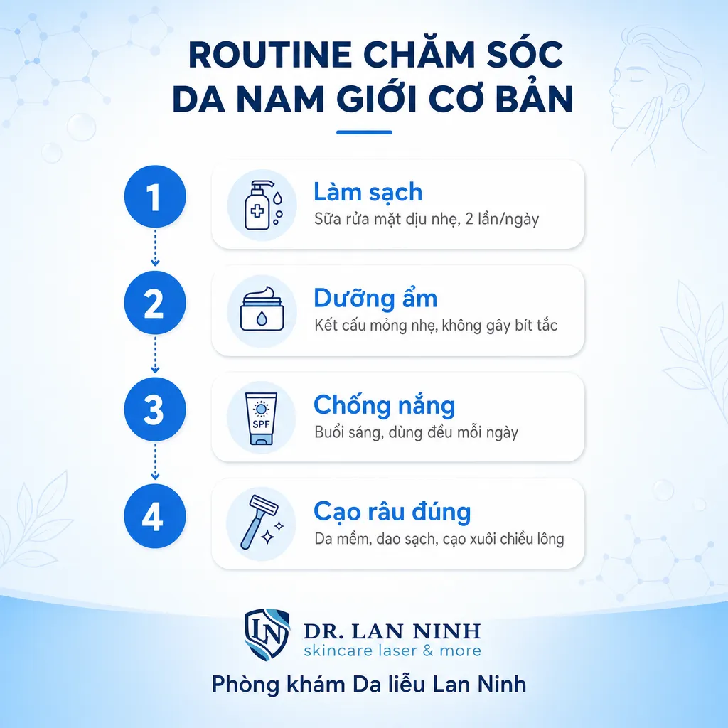 Các bước cơ bản trong routine chăm sóc da nam giới: làm sạch, dưỡng ẩm, chống nắng