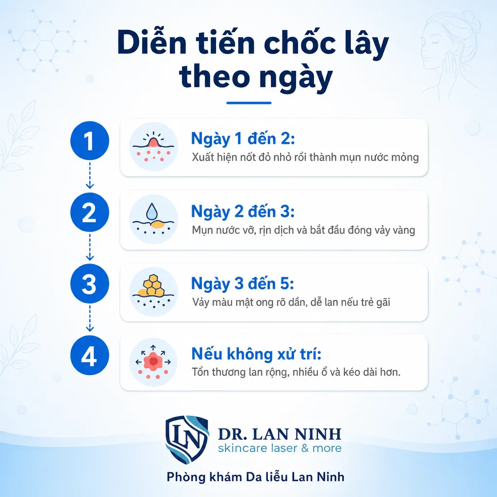 Diễn tiến chốc lây ở trẻ em theo ngày: từ nốt đỏ, mụn nước, vảy màu mật ong đến lan rộng