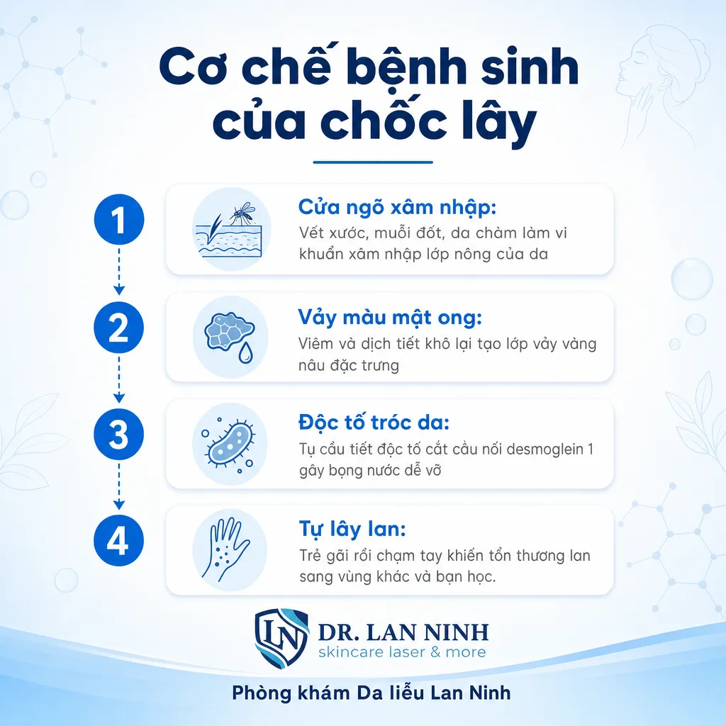 Cơ chế bệnh sinh chốc lây ở trẻ: vi khuẩn xâm nhập, vảy mật ong, độc tố tróc da gây bọng nước