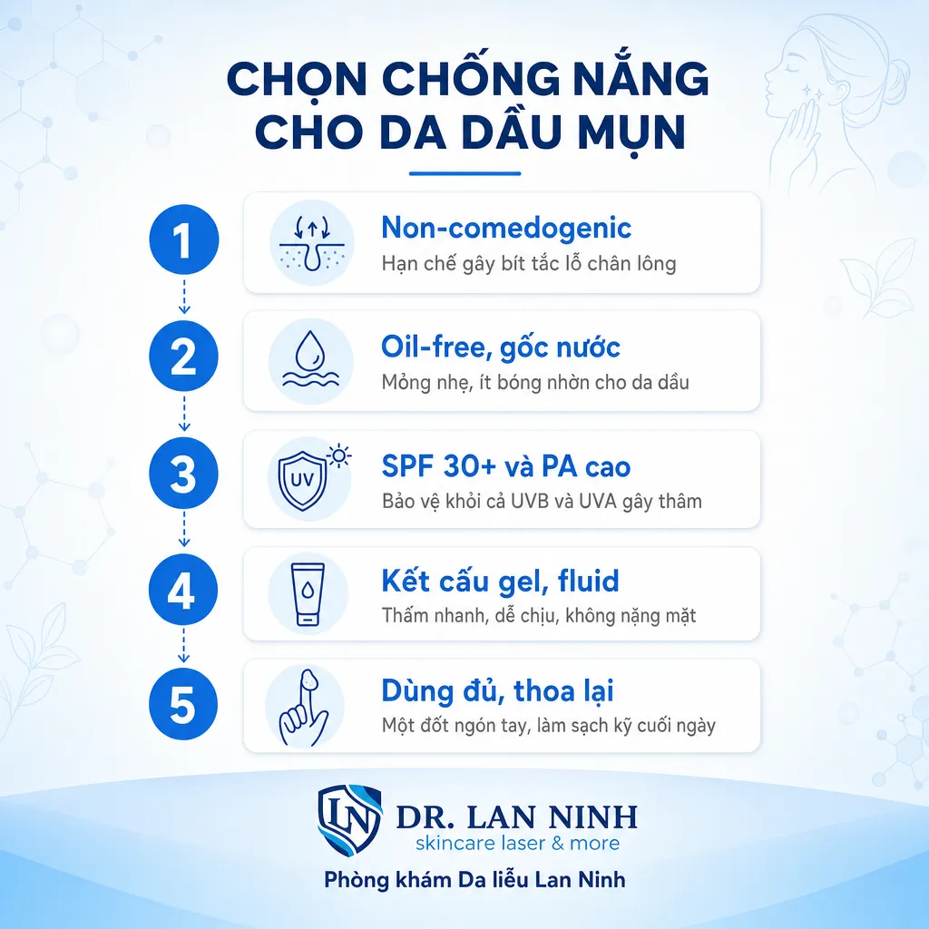 Tiêu chí chọn kem chống nắng cho da dầu mụn không gây bít tắc theo gợi ý bác sĩ da liễu
