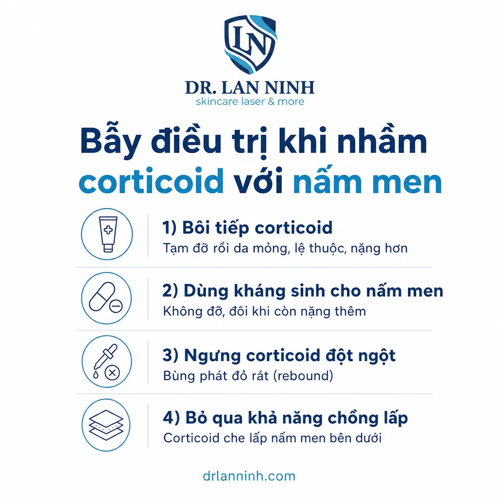 Infographic các bẫy điều trị khi nhầm mụn do corticoid với mụn nấm men