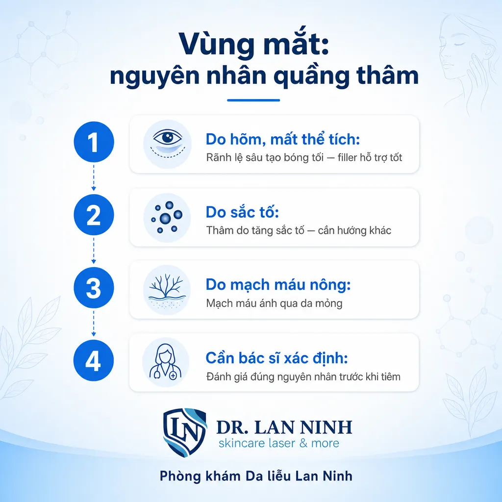 Vùng mắt: nguyên nhân quầng thâm — Do hõm, mất thể tích, Do sắc tố, Do mạch máu nông, Cần bác sĩ xác định