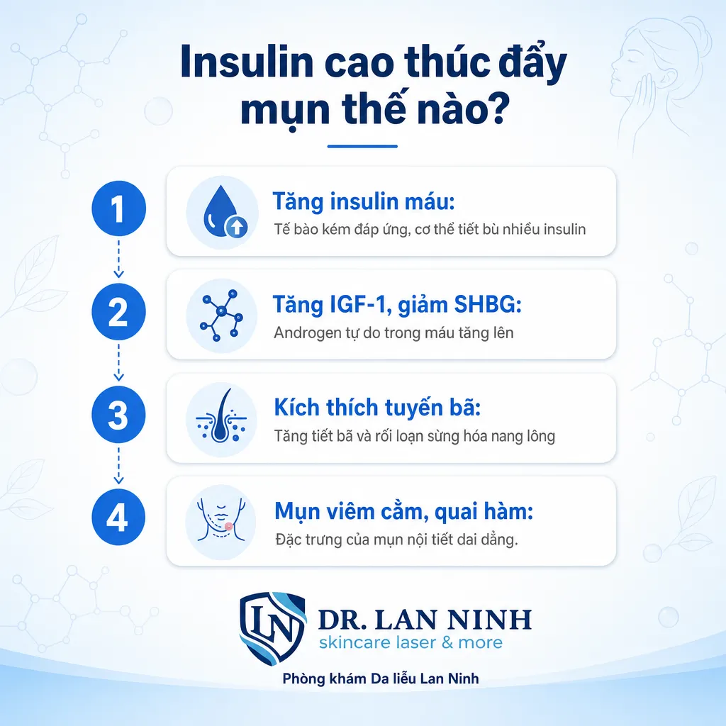 Cơ chế kháng insulin thúc đẩy mụn nội tiết qua IGF-1 và androgen