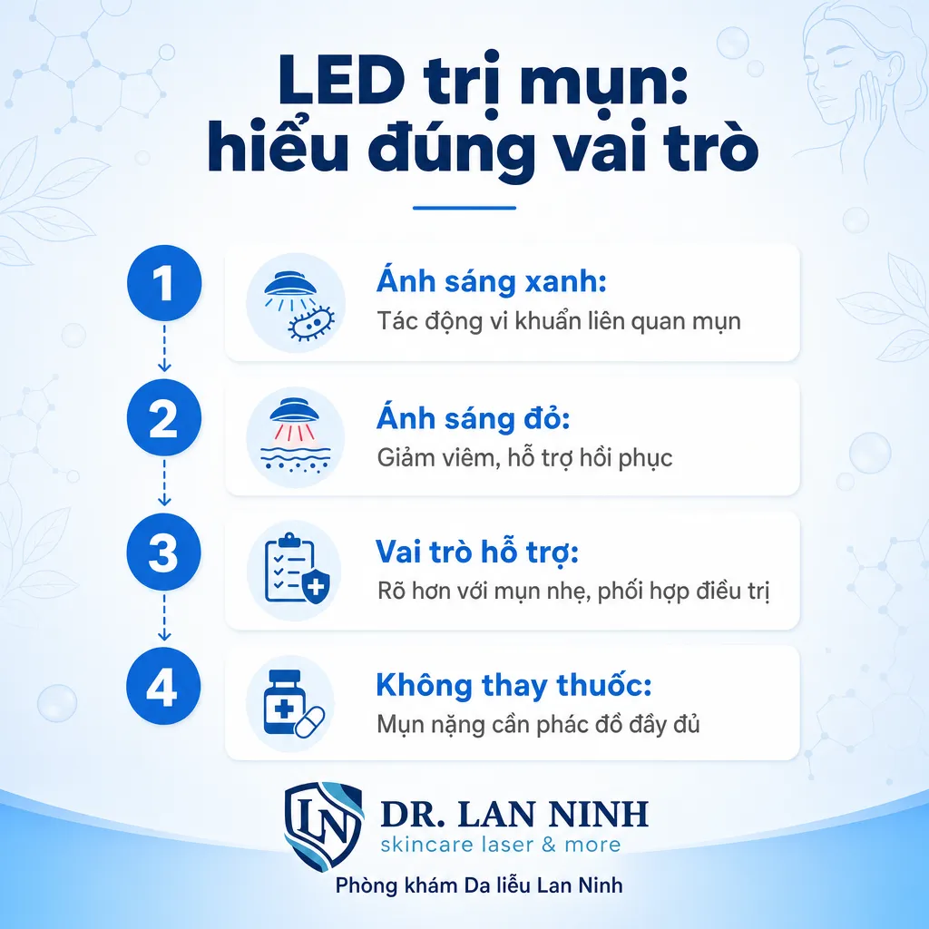 Cơ chế ánh sáng LED xanh 415nm và đỏ 630nm trong hỗ trợ trị mụn và vai trò hỗ trợ