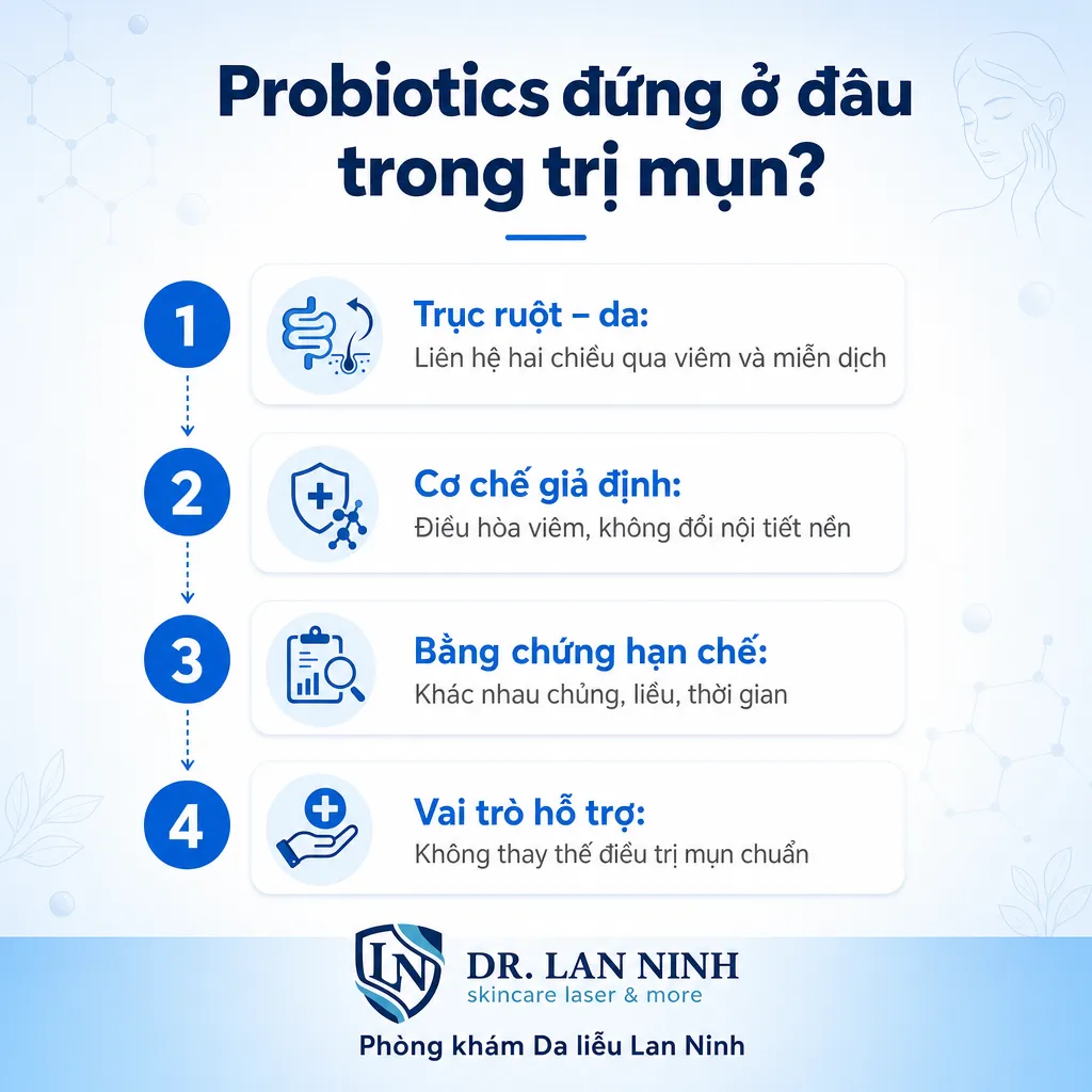 Trục ruột da và vị trí của lợi khuẩn probiotics trong hỗ trợ điều trị mụn
