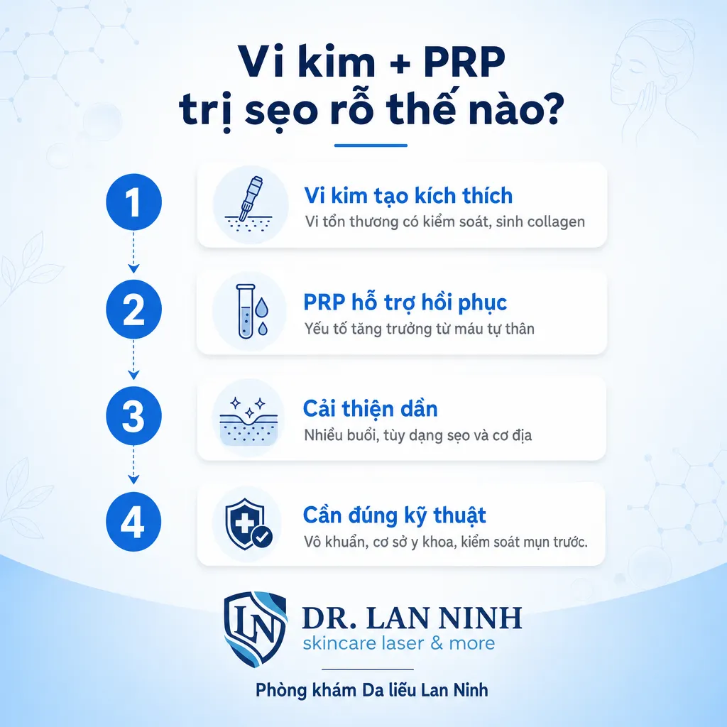 Cơ chế microneedling vi kim phối hợp PRP kích thích tái tạo collagen trị sẹo rỗ