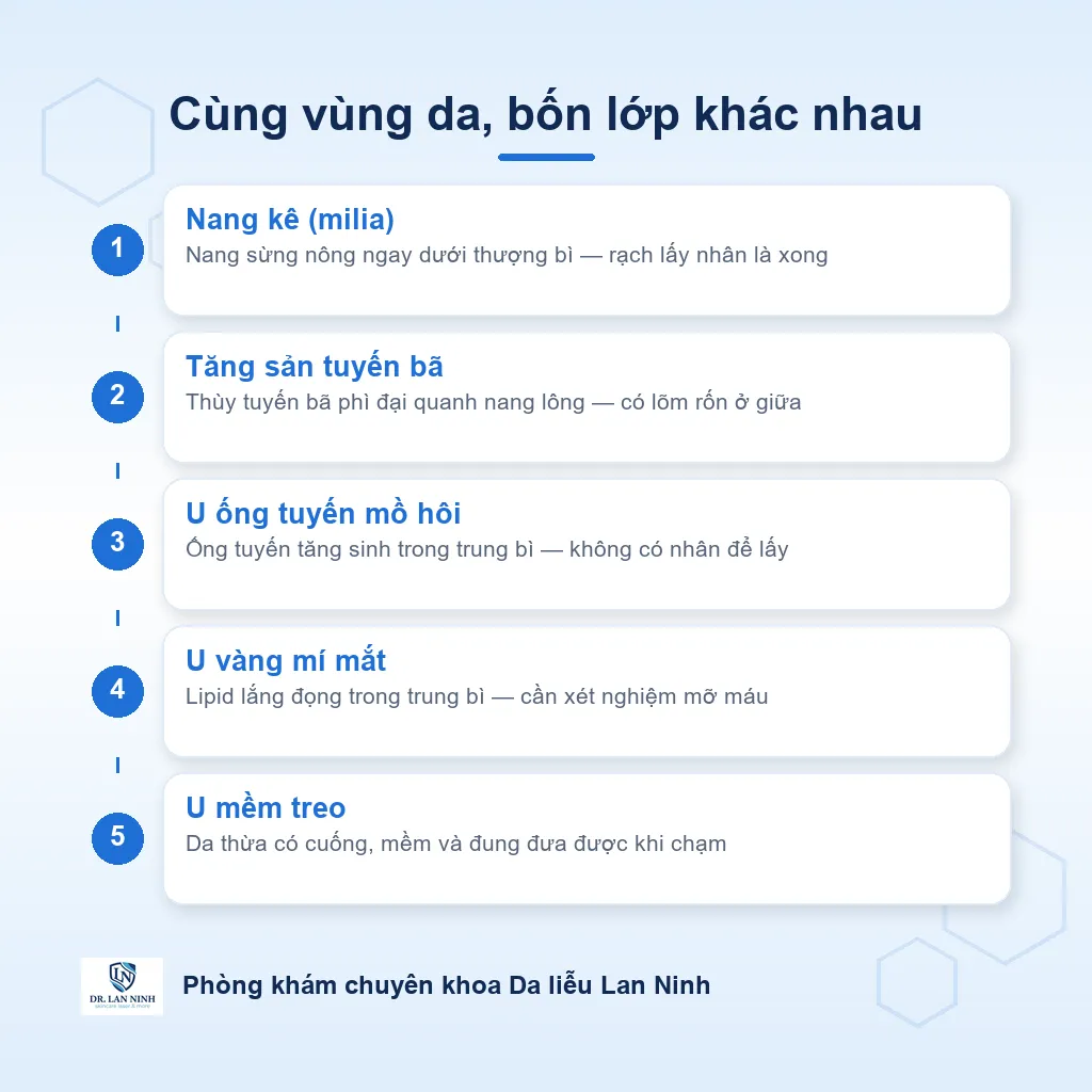 Sơ đồ đối chiếu các nốt nhỏ quanh mắt theo độ sâu: nang kê nằm nông trong thượng bì, tăng sản tuyến bã quanh nang lông, u ống tuyến mồ hôi trong trung bì nông, u vàng mí mắt do lipid lắng đọng trong trung bì.