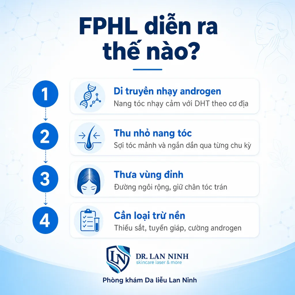 Cơ chế thu nhỏ nang tóc trong rụng tóc nội tiết tố nữ FPHL