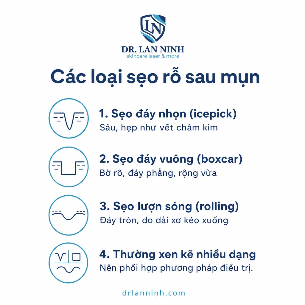Các loại sẹo rỗ sau mụn — Sẹo đáy nhọn (icepick), Sẹo đáy vuông (boxcar), Sẹo lượn sóng (rolling), Thường xen kẽ nhiều dạng