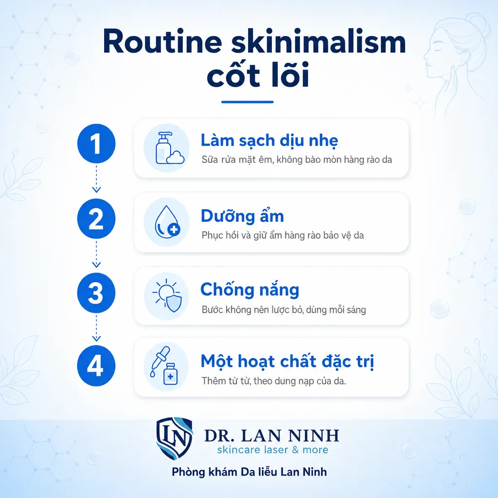 Routine skinimalism tối giản chăm sóc da: làm sạch, dưỡng ẩm, chống nắng và một hoạt chất đặc trị