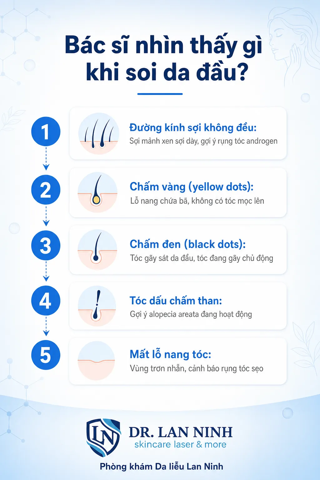 Các dấu hiệu soi da đầu trichoscopy bác sĩ quan sát khi chẩn đoán rụng tóc tại Phòng khám Da liễu Lan Ninh
