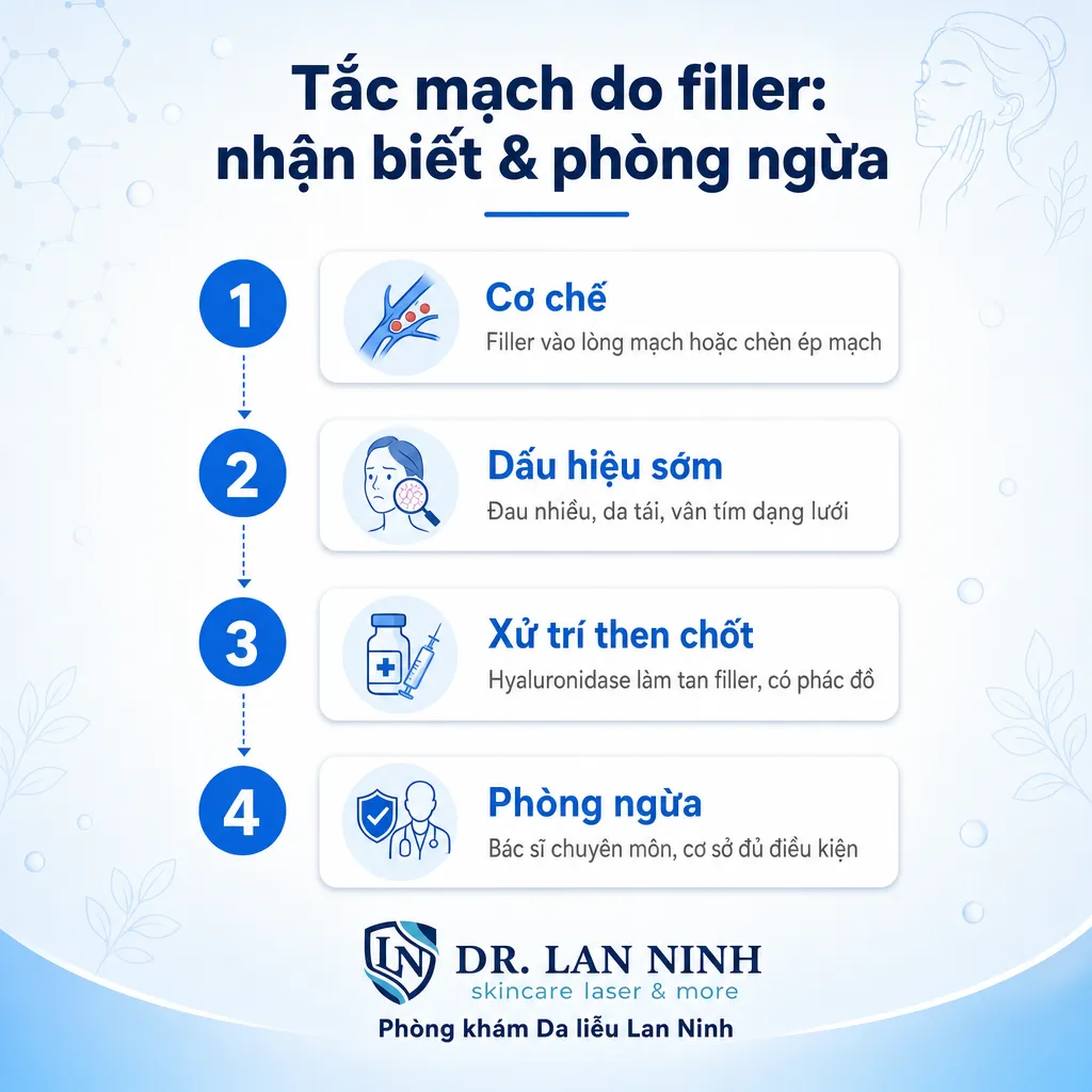 Cơ chế, dấu hiệu theo mốc thời gian và xử trí tắc mạch khi tiêm filler hyaluronic