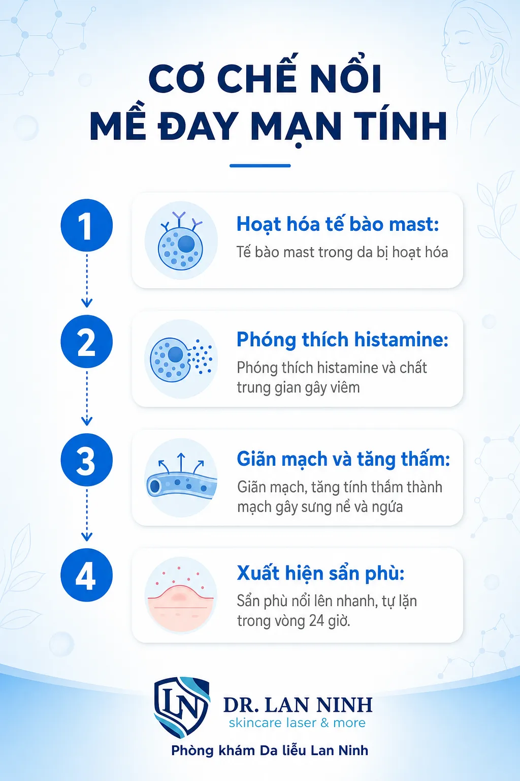 Cơ chế nổi mề đay mạn tính: hoạt hóa tế bào mast, phóng thích histamine, giãn mạch tăng thấm, xuất hiện sẩn phù