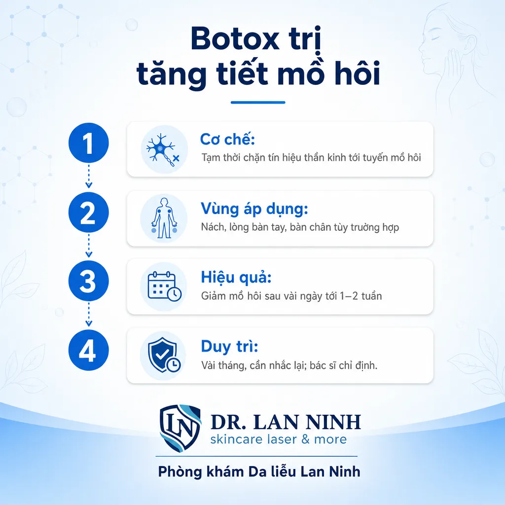 Botox trị tăng tiết mồ hôi — Cơ chế, Vùng áp dụng, Hiệu quả, Duy trì