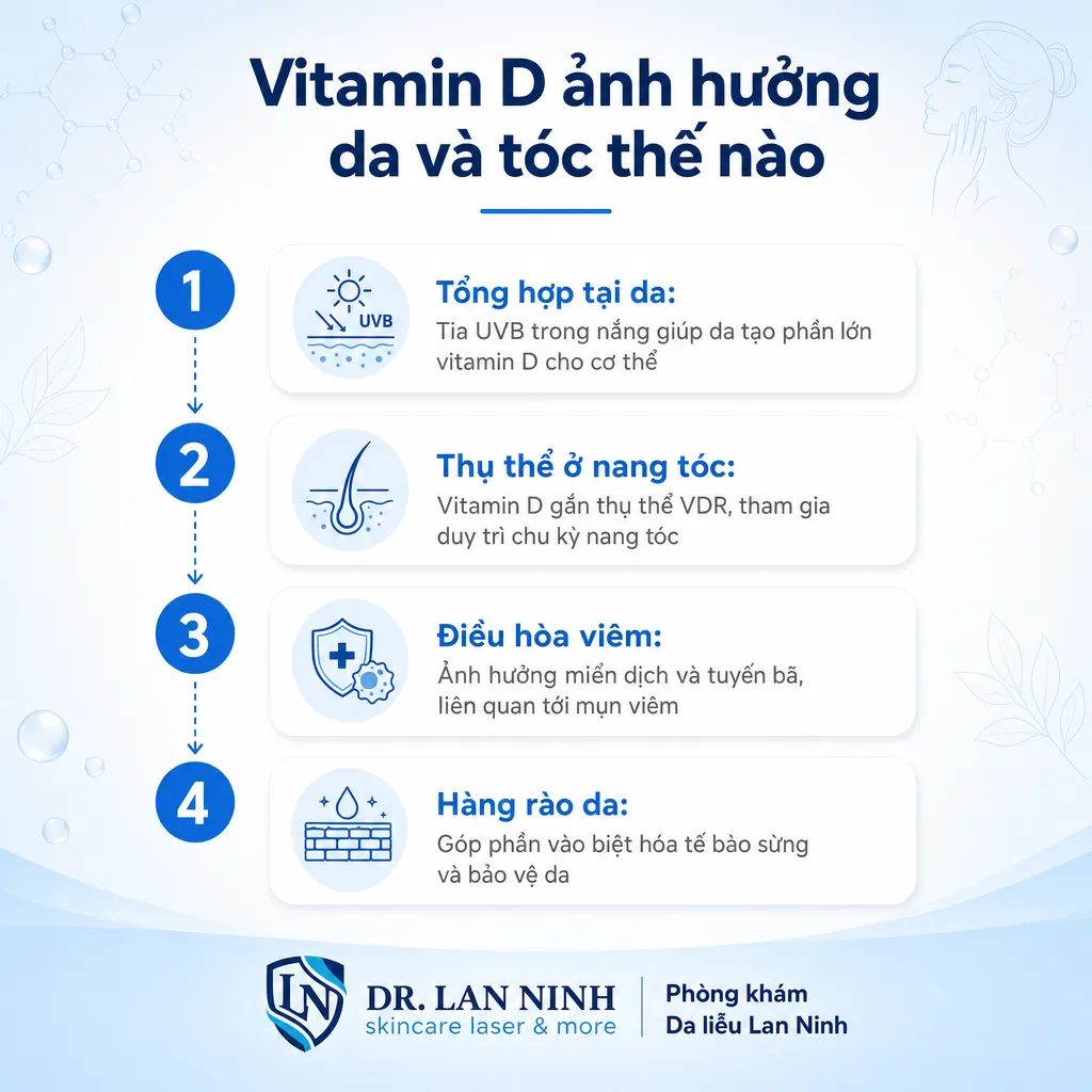 Vitamin D ảnh hưởng da và tóc: tổng hợp qua nắng, thụ thể VDR ở nang tóc, điều hòa viêm tuyến bã