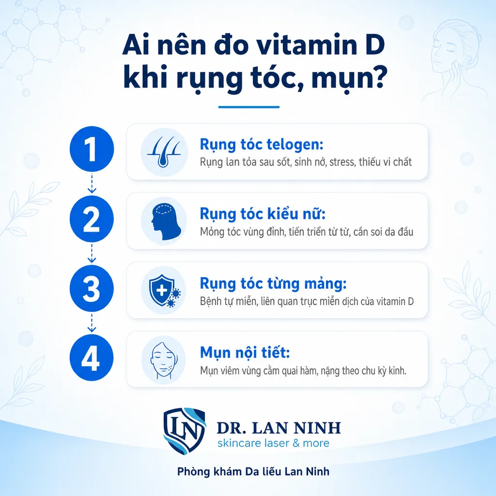 Các nhóm nên đo vitamin D: rụng tóc telogen, rụng tóc kiểu nữ, rụng tóc từng mảng, mụn nội tiết