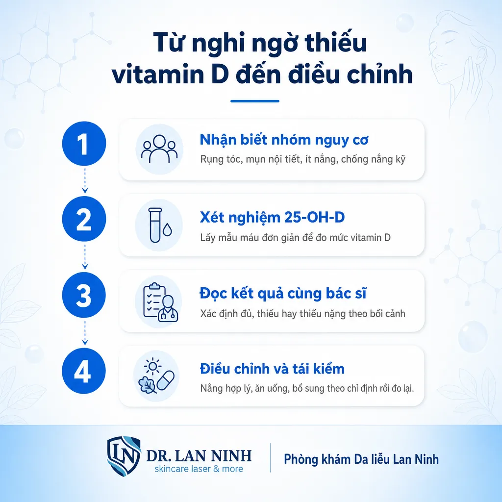 Các bước từ nghi ngờ thiếu vitamin D đến điều chỉnh: khám, xét nghiệm 25-OH-D, đọc kết quả, bổ sung, tái kiểm